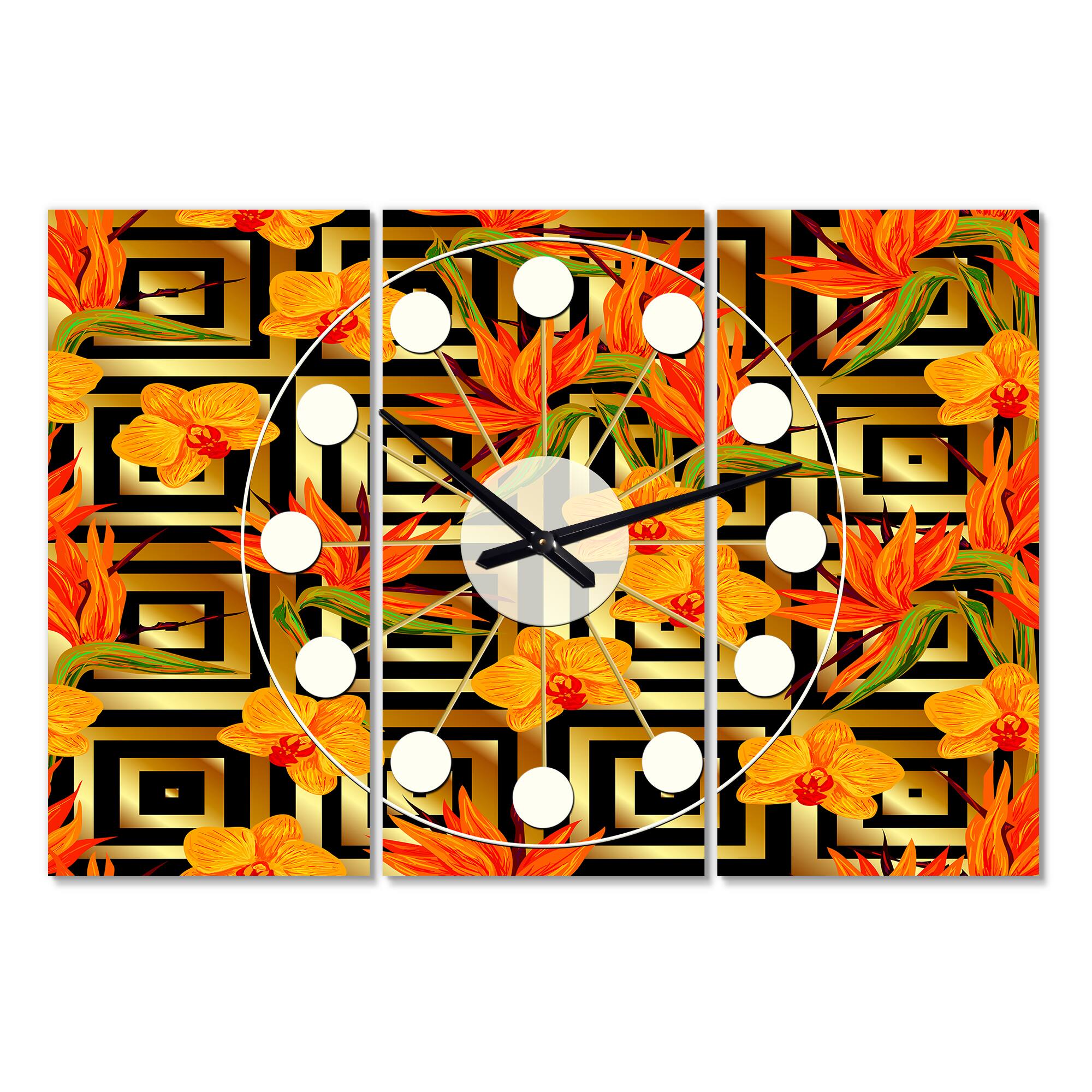 Designart 'Tropical Gold Luxury Pattern Iii Oversized Mid-Century Modern Multipanel Wall Clock